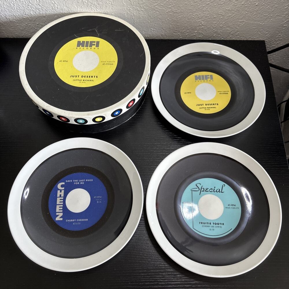 SET OF 3 - JUST DESERTS 45 RPM RECORD 8" ROUND PLATES WITH BOX